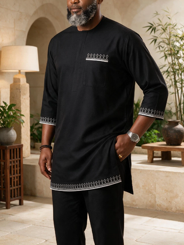 TACOHEAL Embroidered Round Neck Men's Pants Set