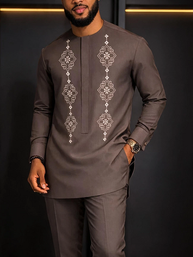 TACOHEAL Ethnic Embroidered Round Neck Men's Pants Set