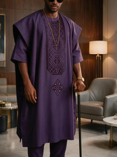 TACOHEAL Patchwork Yellow Agbada 3 Pieces Set For Men
