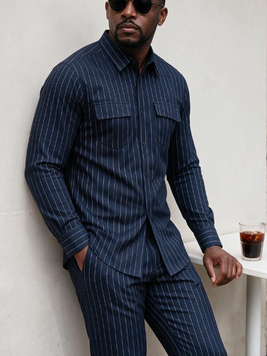 TACOHEAL Striped Print Long Sleeve Button Men's Set
