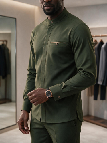 TACOHEAL Long Sleeve Mandarin Collar Pocket Men's Set