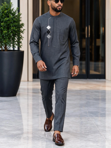 TACOHEAL Mandarin Collar Geometric Detail Men's Set