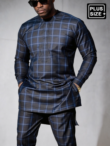 TACOHEAL Plus Size Black Plaid Printed Long Sleeve Men's Set