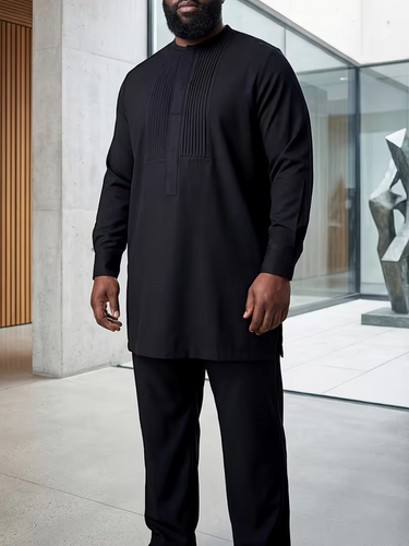 TACOHEAL Plus Size Pleated Black Long Sleeve Men's Set