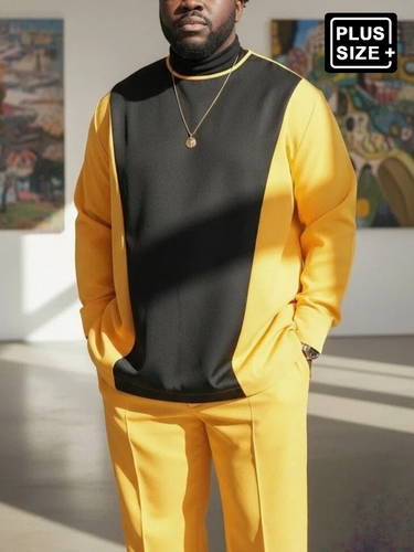 TACOHEAL Plus Size Casual Yellow Colorblock Long Sleeve Men's Set