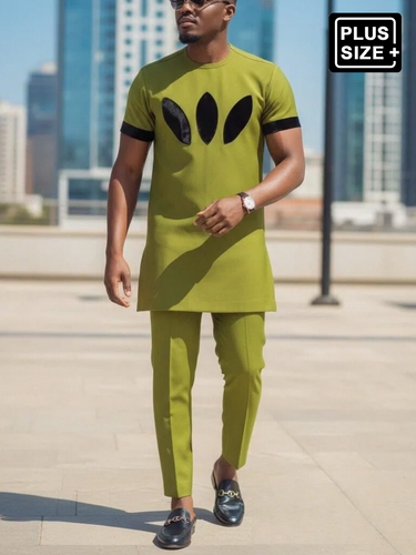 TACOHEAL Plus Size Colorblock Short Sleeve Men's Set