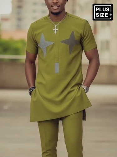 TACOHEAL Plus Size Short Sleeve Green Embroidered Set