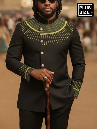 TACOHEAL Plus Size Ethnic Embroidery Button Down Men's Set