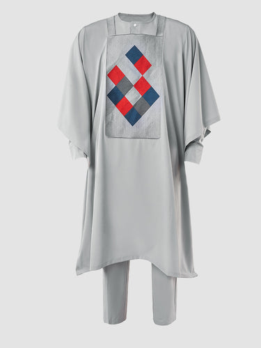 TACOHEAL Men's Gray Embroidered Agbada 3 Pieces Set