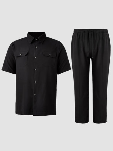 TACOHEAL Plus Size Turndown Collar Pants Set With Pocket