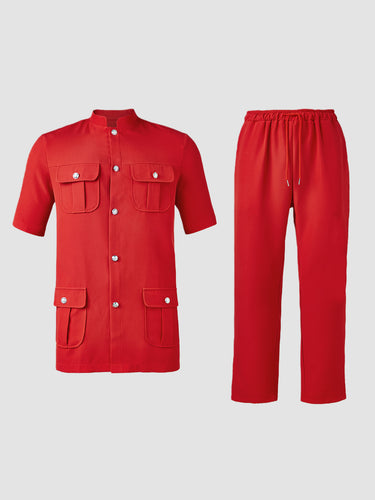 TACOHEAL Solid Short Sleeve Button Down Men's Set