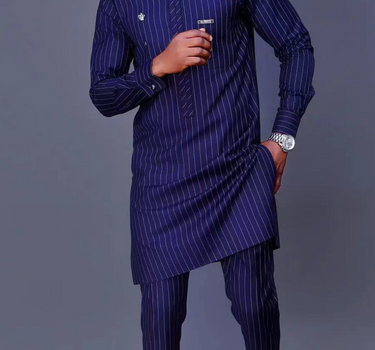 African Classic Blue Striped Printed Men's Set