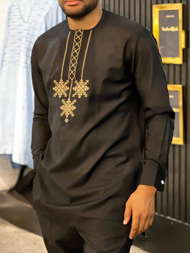 TACOHEAL Black Snowflake Embroidered Men's Casual Set