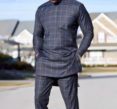 Plus Size Black Plaid Printed Long Sleeve Men's Set