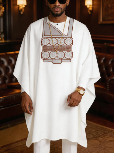 TACOHEAL African Embroidery White Agbada 3 Pieces Men's Set