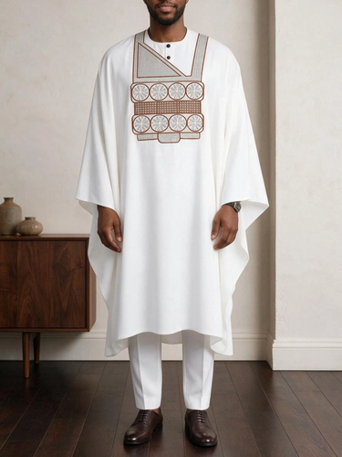 TACOHEAL African Embroidery White Agbada 3 Pieces Men's Set