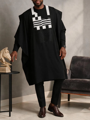 TACOHEAL Ethnic Embroidered Men's Black Agbada 3 Pieces Set