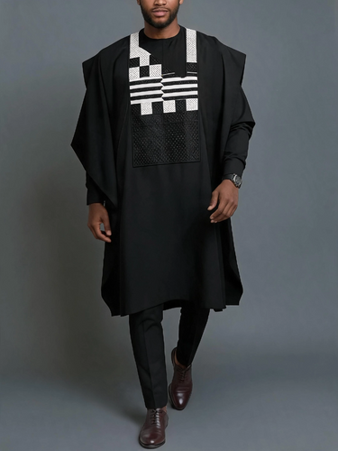 TACOHEAL Ethnic Embroidered Men's Black Agbada 3 Pieces Set