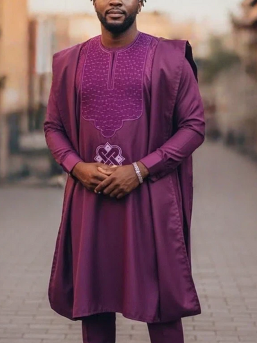 TACOHEAL Ethnic Embroidered Men's Purple Agbada 3 Pieces Set