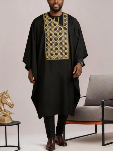 TACOHEAL Luxury Embroidery Black Agbada 3 Pieces Set For Men