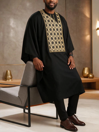 TACOHEAL Luxury Embroidery Black Agbada 3 Pieces Set For Men