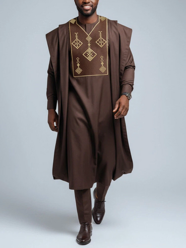 TACOHEAL Brown Embroidered 3-Piece Agbada Set For Men