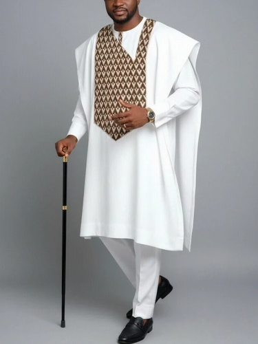 TACOHEAL Embroidery White Agbada 3 Pieces Set For Men