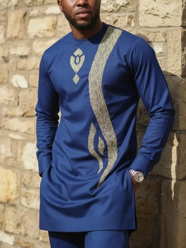 TACOHEAL African Ethnic Embroidered Blue Men's Set
