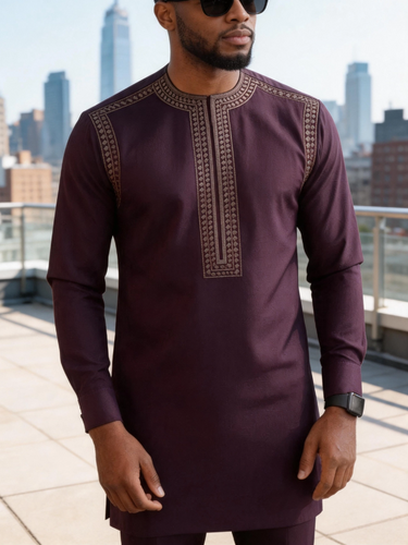 TACOHEAL Traditional African Round Neck Red Embroidered Men's Set