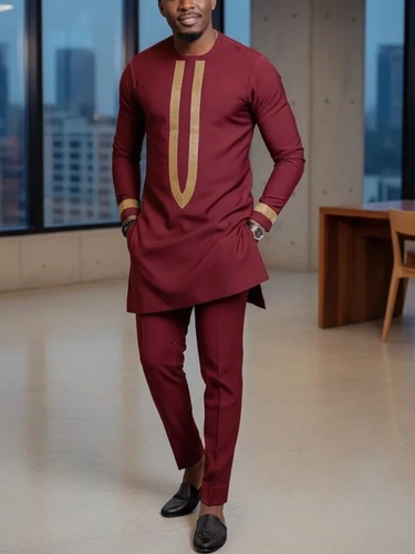 TACOHEAL Wine Embroidered Sleeve Shirt With Pants