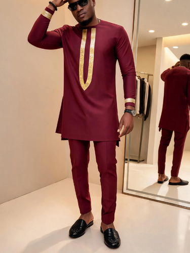 TACOHEAL Wine Embroidered Sleeve Shirt With Pants