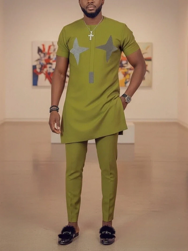 TACOHEAL Green Round Neck Embroidery Men's Casual Set