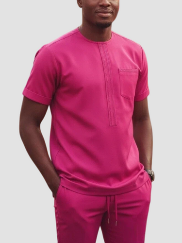 TACOHEAL Round Neck Short Sleeve Embroidered Men's Set