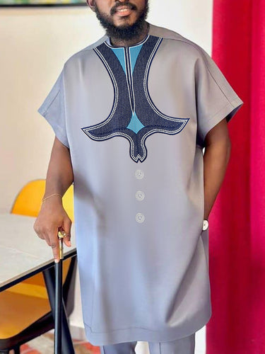 TACOHEAL Short Sleeve Ethnic Exquisite Embroidered Men's Set