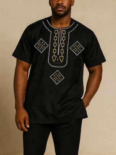 TACOHEAL African Embroidery Short Sleeve Men's Pants Set