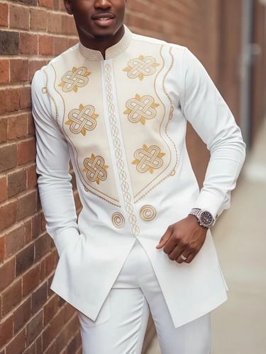 TACOHEAL White Embroidered Long Sleeve Men's Pants Set