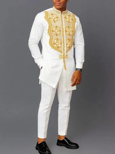 TACOHEAL White Embroidered Long Sleeve Men's Pants Set