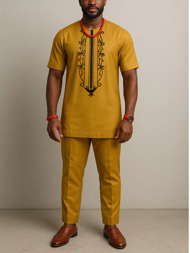 TACOHEAL African Embroidery Short Sleeve Pants Set For Men