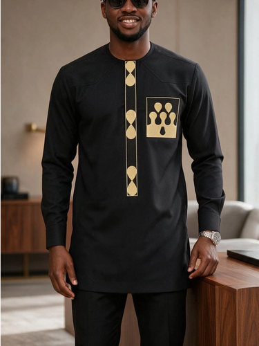 TACOHEAL Round Neck Embroidered Long Sleeve Men's Pants Set
