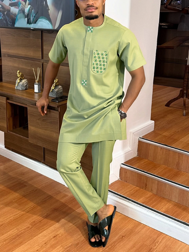 TACOHEAL Plant Embroidered Pocket Short Sleeve Men's Set