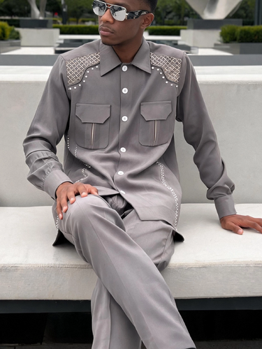 Farbblock Knopf Tasche Grün Casual Set 