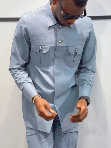 TACOHEAL New Solid Long Sleeve Button Down Men's Set