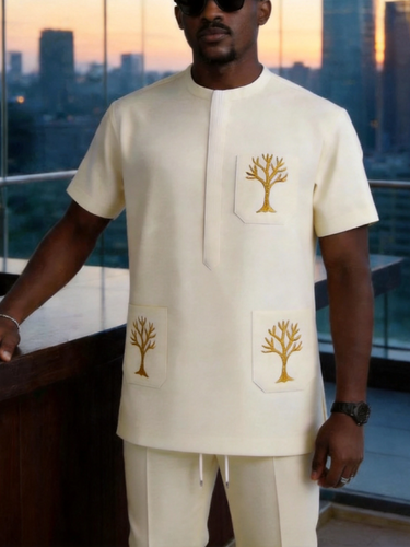 TACOHEAL Tree Embroidered Short Sleeve Men's Set