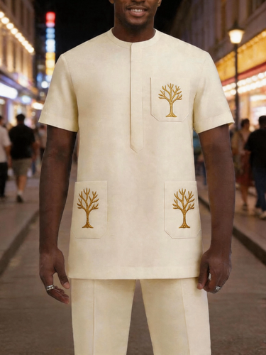 TACOHEAL Tree Embroidered Short Sleeve Men's Set