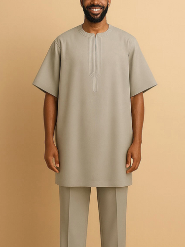 TACOHEAL Solid Embroidered Short Sleeve Men's Set