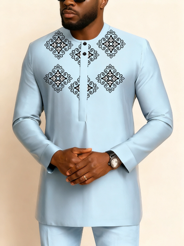 TACOHEAL Ethnic Embroidered Long Sleeve Pants Set For Men