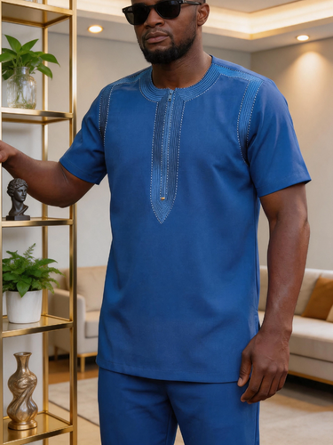 TACOHEAL Embroidered Blue Short Sleeve Men's Set