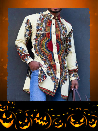 TACOHEAL New Turndown Collar Ethnic Printed Long Sleeve Men's Shirt