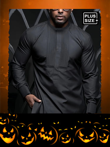 TACOHEAL Plus Size Pleated Black Long Sleeve Men's Set
