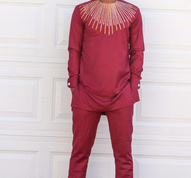 Red Embroidered Party Ball Shirt And Pants